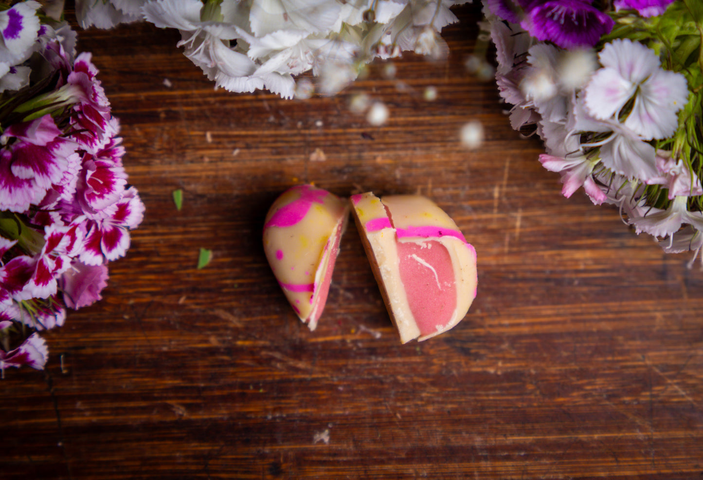 Strawberry Fondant in a Vegan White Chocolate Shell